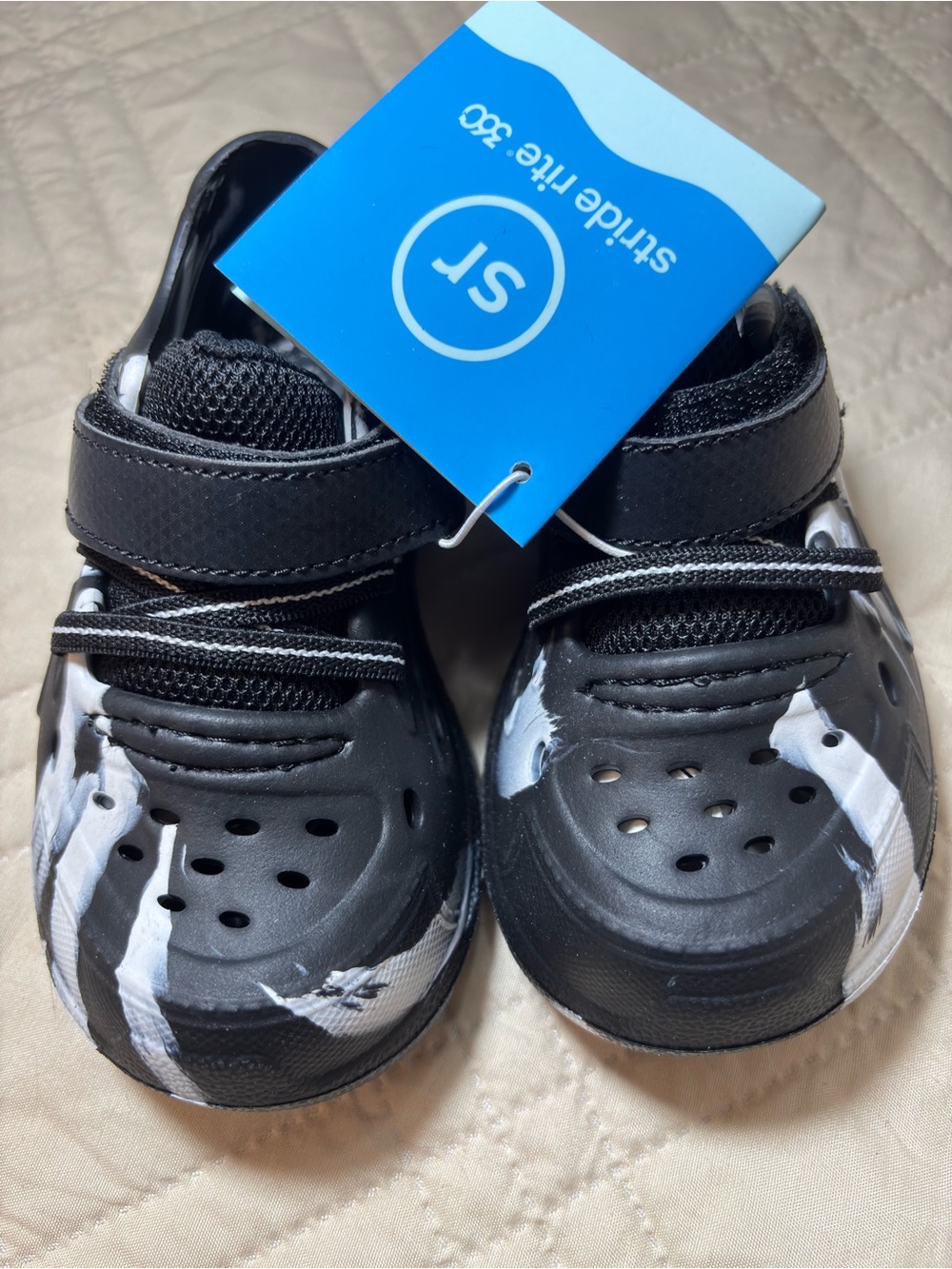 Stride Rite 7M Black and White Slip-On Sandals with Velcro Strap